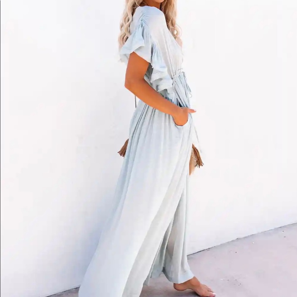 VICI: ANIKA POCKETED BUTTON DOWN RUFFLE MAXI DRESS - WATERLILY